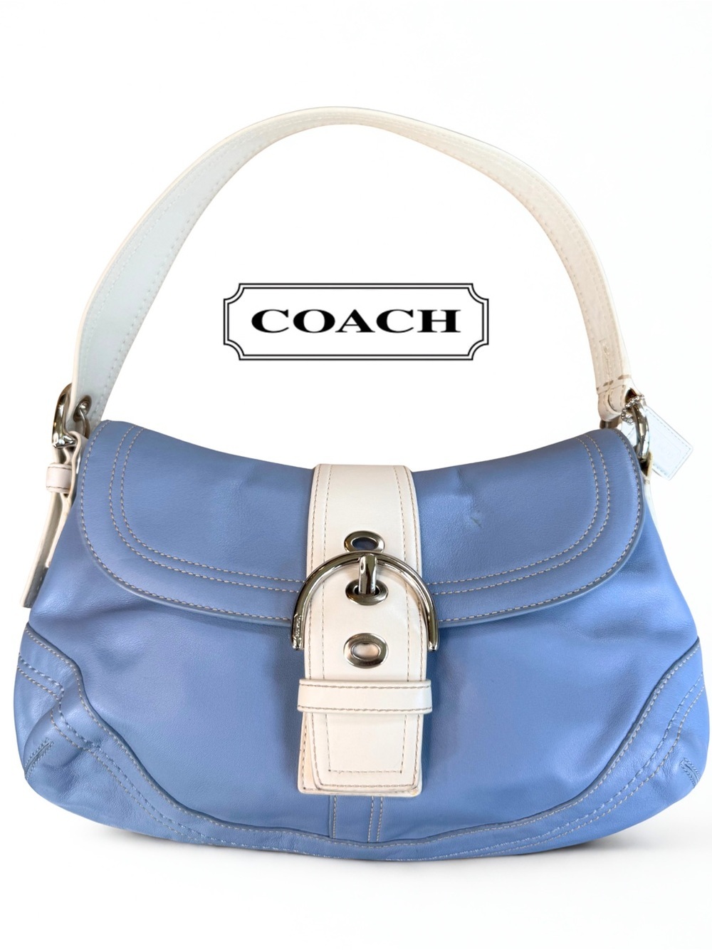 VTG COACH Y2K Soho Blue White Leather Buckle Flap Shoulder Bag F10910